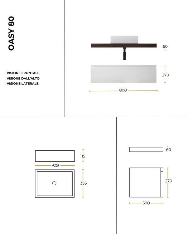 Mobile bagno 80x50 Tabacco tortora opaco Oasy con top e lavabo appoggio