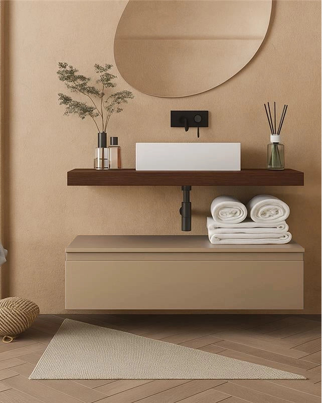Mobile bagno 80x50 Tabacco tortora opaco Oasy con top e, vista dall'alto del piano con lavabo - Exagonshop