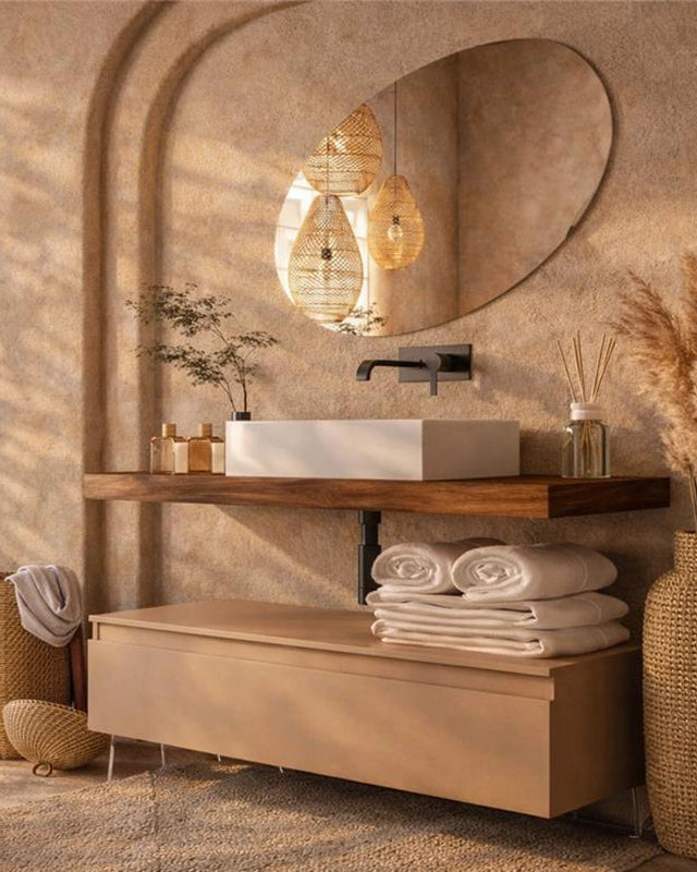 Mobile bagno 80x50 Tabacco tortora opaco Oasy con top e in ceramica e resina con lavabo e rubinetteria, vista frontale su...