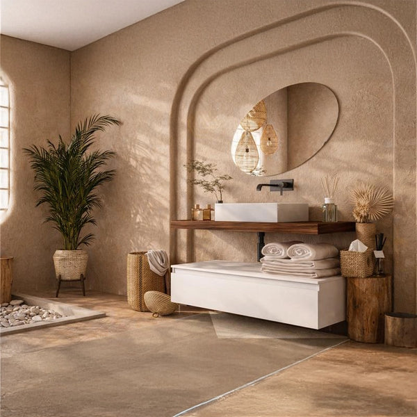 Mobile bagno 80x50 tabacco bianco lucido Oasy con top e lavabo appoggio