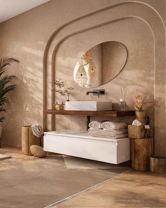 Mobile bagno 80x50 tabacco bianco lucido Oasy con top e ambientato in bagno moderno con specchio e accessori - Exagonshop