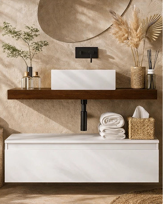 Mobile bagno 80x50 tabacco bianco lucido Oasy con top e in ceramica con lavabo e rubinetteria, vista frontale su sfondo...