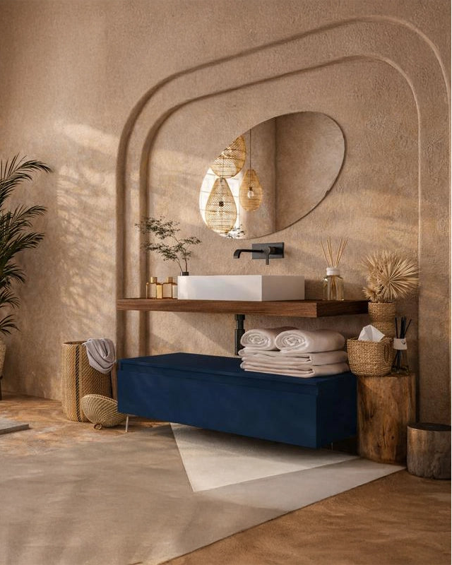 Mobile bagno 80x50 tabacco blu opaco Oasy con top e lavabo, vista dall'alto del piano con lavabo - Exagonshop