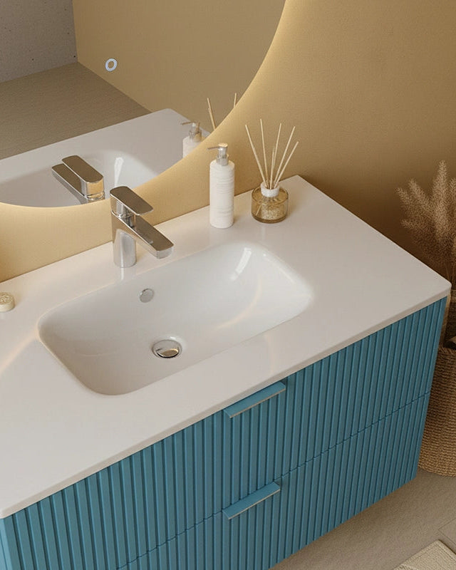 Mobile bagno 82x47 azzurro opaco cannettato Teramo con, dettaglio ravvicinato della finitura e del cassetto - Exagonshop