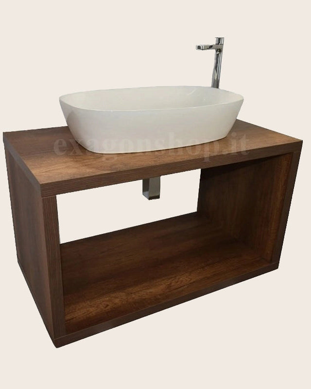 Mobile bagno 90 cm tabacco con vano a giorno lavabo non con lavabo e rubinetteria, vista frontale su sfondo neutro...