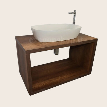 Mobile bagno 90 cm tabacco con vano a giorno lavabo non con lavabo e rubinetteria, vista frontale su sfondo neutro...