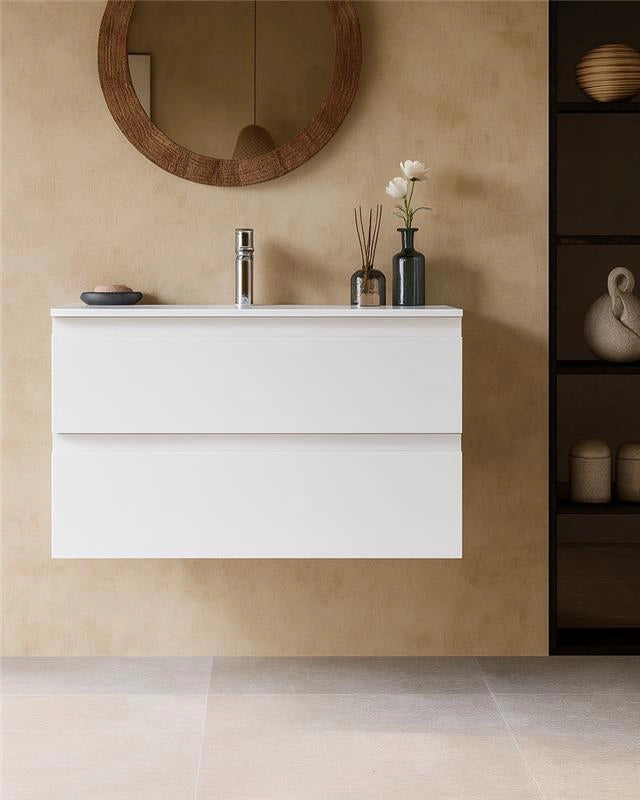 Mobile bagno 90x45 bianco opaco Pesaro lavabo in ceramica in mdf con lavabo e rubinetteria, vista frontale su sfondo...