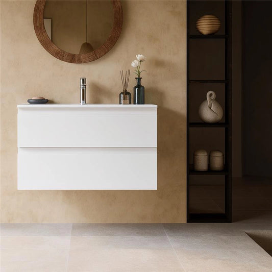 Mobile bagno 90x45 bianco opaco Pesaro due cassetti lavabo in ceramica