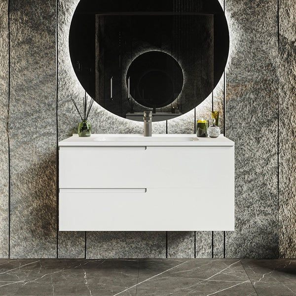 Mobile bagno 90x46 Bianco opaco Sorrento con maniglia sinistra e lavabo in ceramica