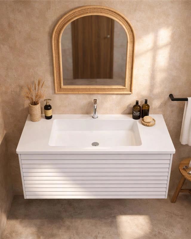 Mobile bagno 90x48 bianco un cassetto lavabo resina opaco, vista dall'alto del piano con lavabo - Exagonshop