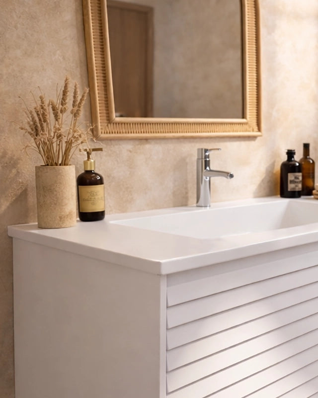 Mobile bagno 90x48 bianco un cassetto lavabo resina opaco, dettaglio ravvicinato della finitura e del cassetto - Exagonshop