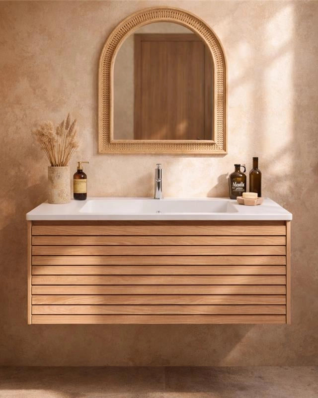 Mobile bagno 90x48 quercia un cassetto con lavabo resina in opaco e naturale con lavabo e rubinetteria, vista frontale su...
