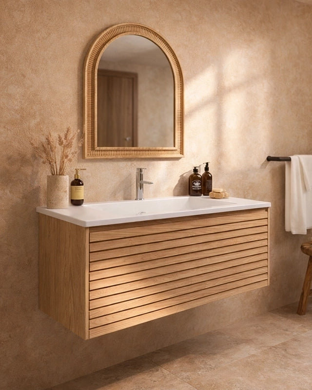 Mobile bagno 90x48 quercia un cassetto con lavabo resina, dettaglio ravvicinato della finitura e del cassetto - Exagonshop