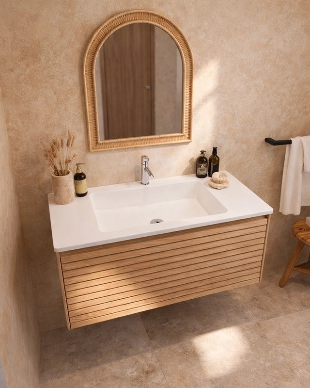 Mobile bagno 90x48 quercia un cassetto con lavabo resina, vista dall'alto del piano con lavabo - Exagonshop