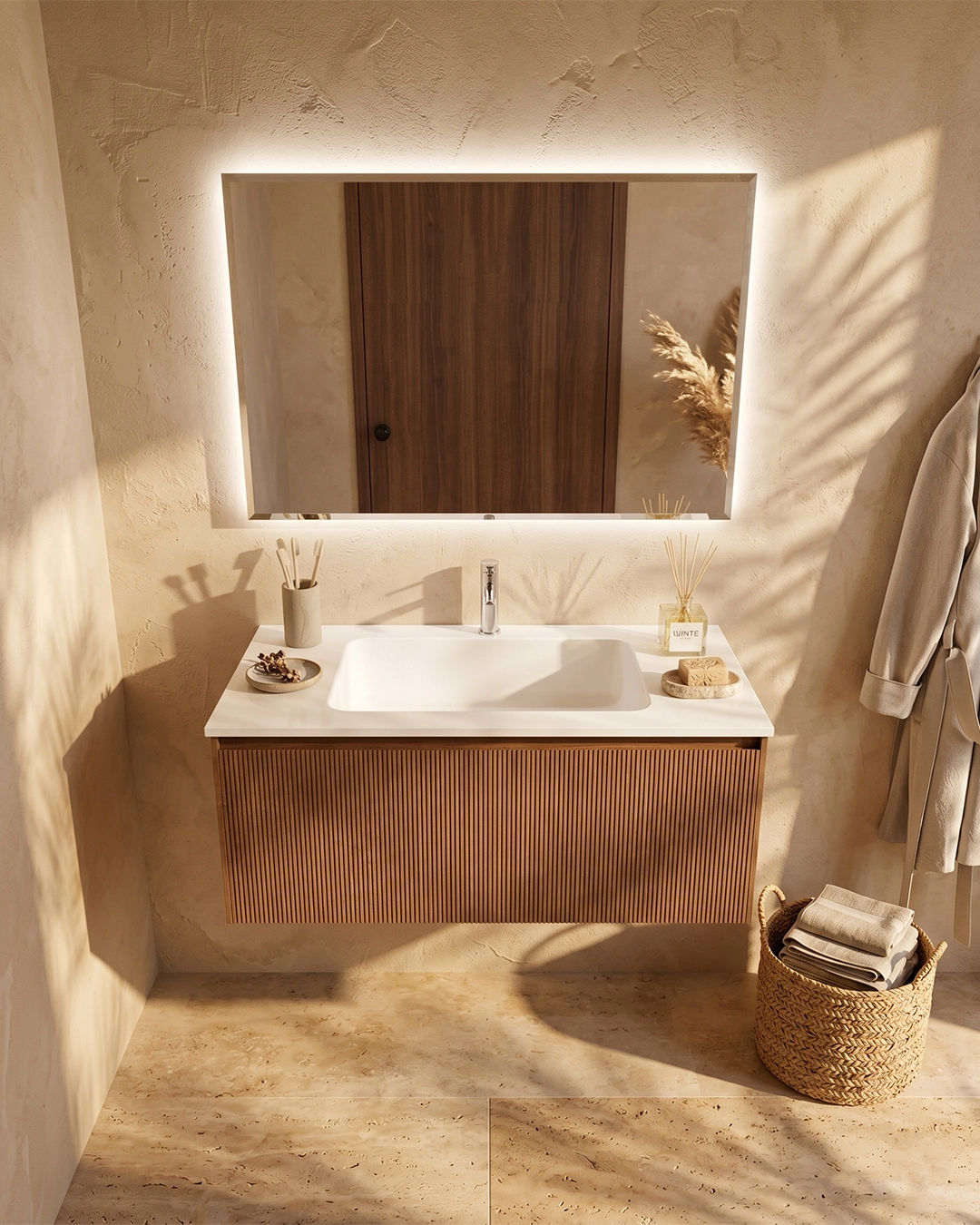 Mobile bagno 90x48 Madrid cannettato un cassetto quercia vista laterale Exagonshop