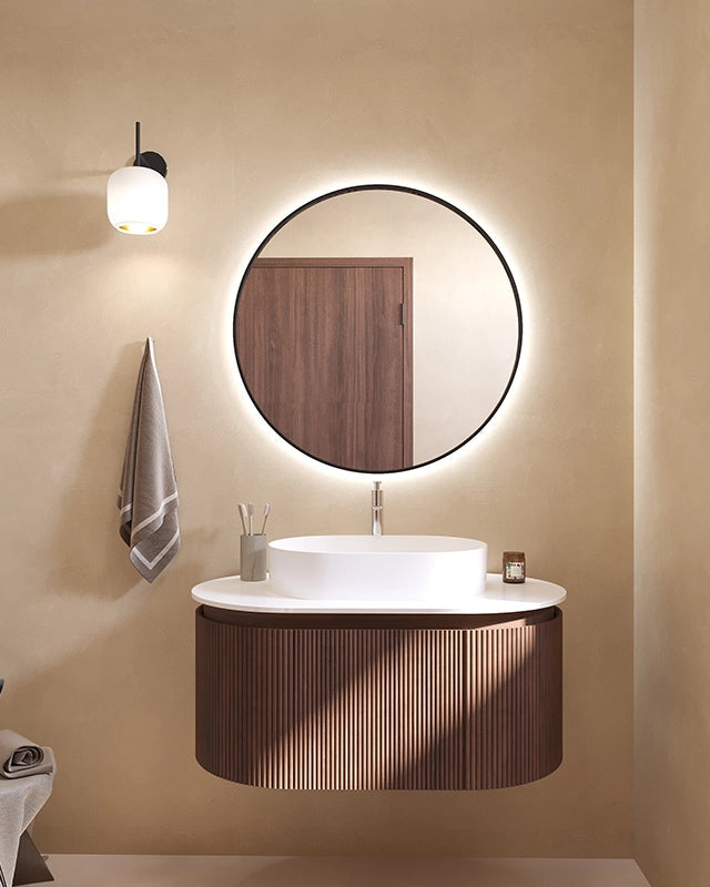 Mobile bagno 90x50 Siviglia cannettato quercia scuro lavabo, vista laterale della struttura sospesa - Exagonshop
