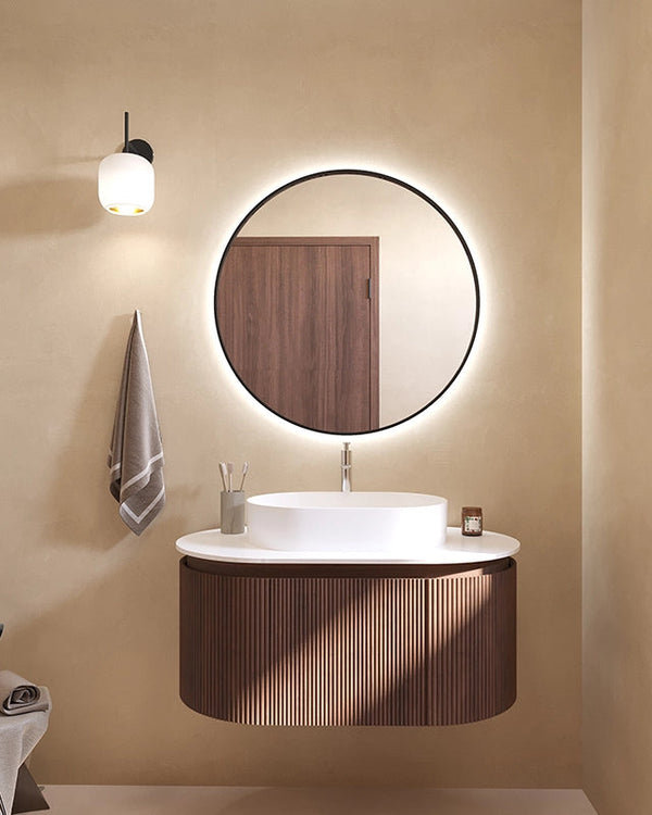 Mobile bagno 90x50 Siviglia cannettato quercia scuro lavabo, vista laterale della struttura sospesa - Exagonshop