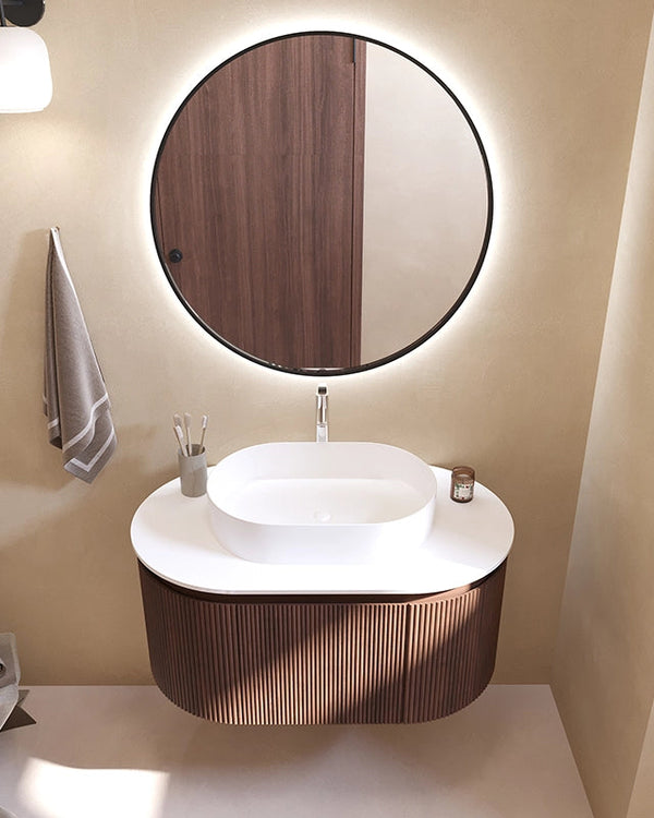 Mobile bagno 90x50 Siviglia cannettato quercia scuro lavabo, vista dall'alto del piano con lavabo - Exagonshop