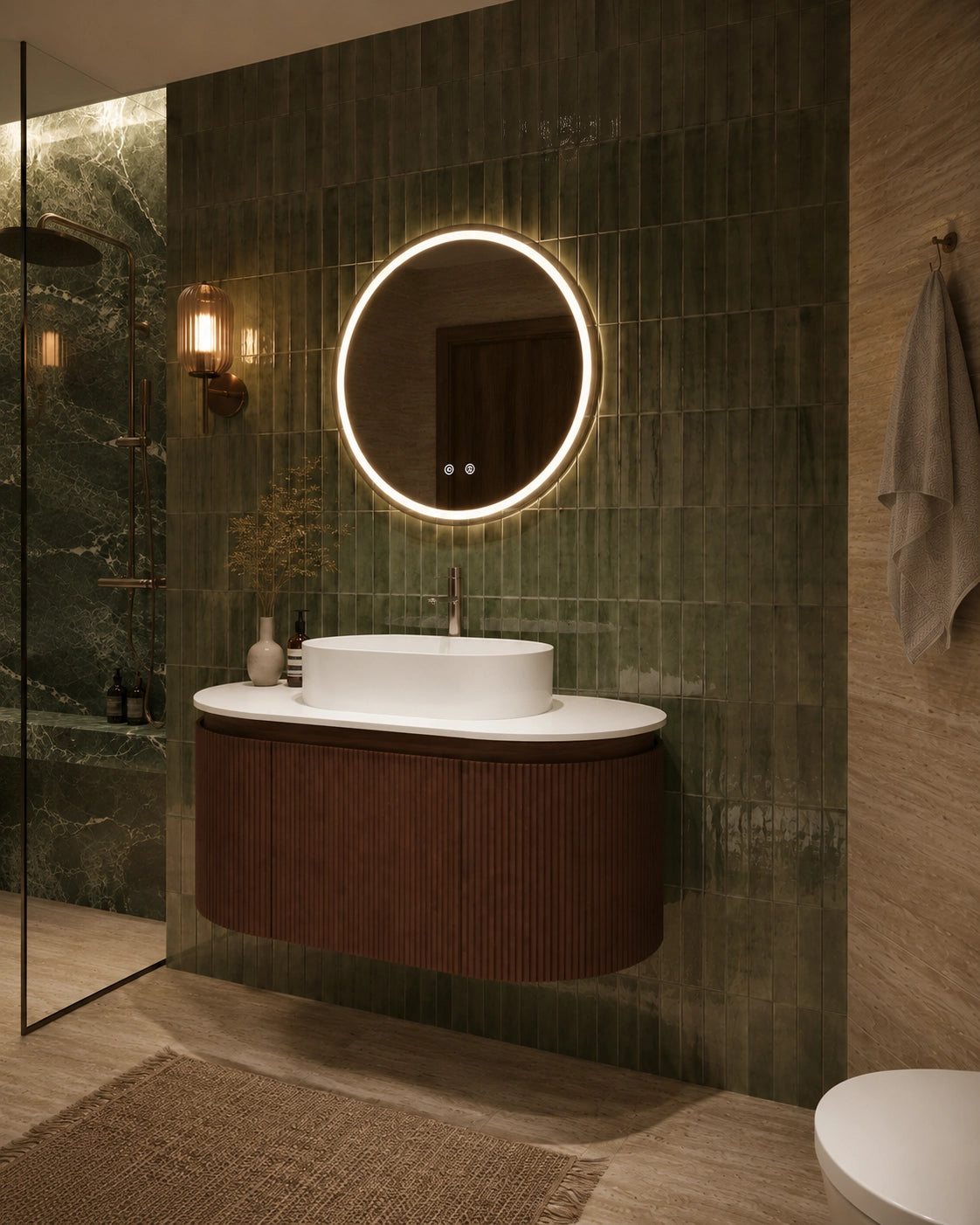 Mobile bagno 90x50 Siviglia cannettato quercia scuro lavabo da appoggio lucido – vista 2