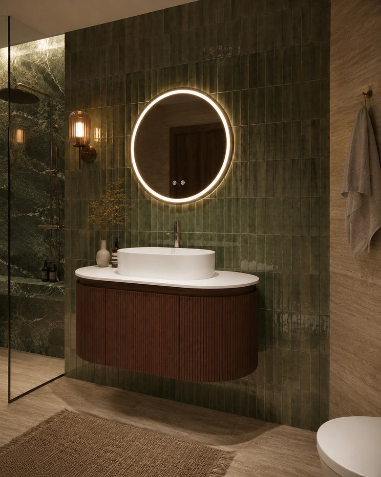 Mobile bagno 90x50 Siviglia cannettato quercia scuro lavabo da appoggio lucido – vista 2