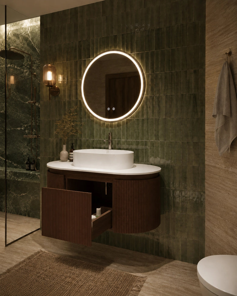 Mobile bagno 90x50 Siviglia cannettato quercia scuro lavabo da appoggio lucido – vista 5