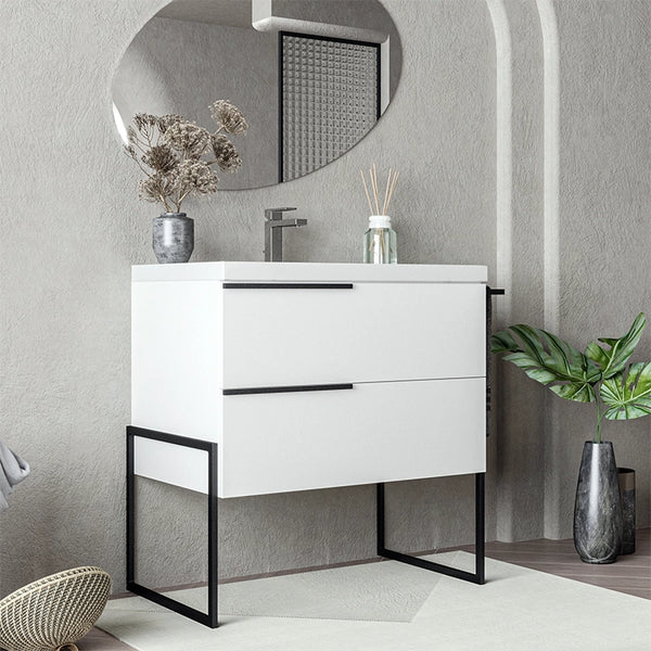 Mobile bagno Bianco Lucido 100x45 Venezia a pavimento due cassetti con portasciugamani e Lavabo