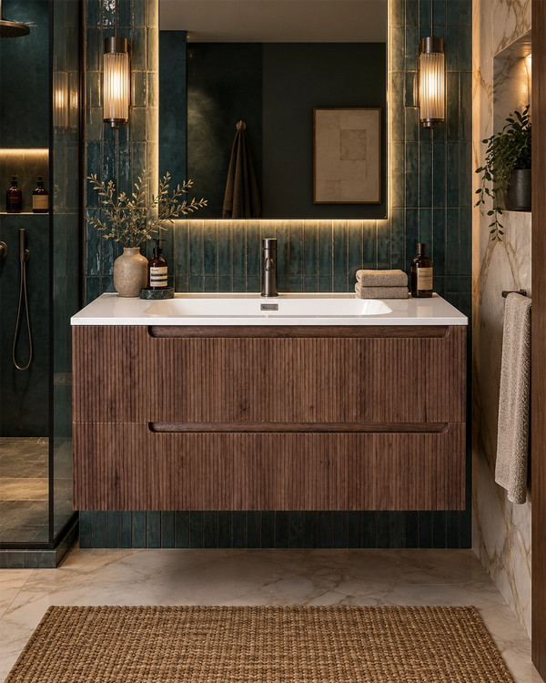 Mobile bagno Bilbao 60x46 noce effetto legno con lavabo resina bianco lucido