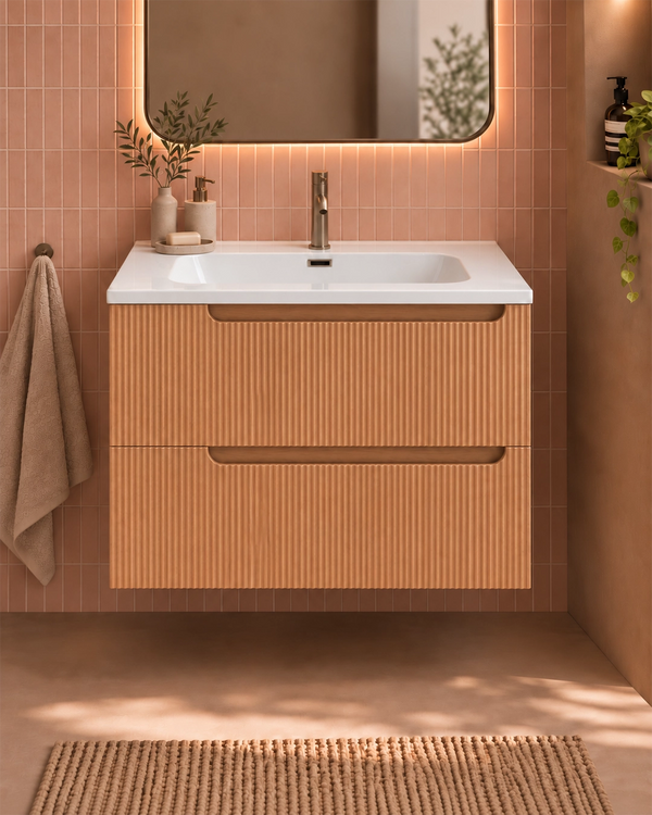 Mobile bagno Bilbao 60x46 quercia effetto legno con lavabo resina bianco lucido
