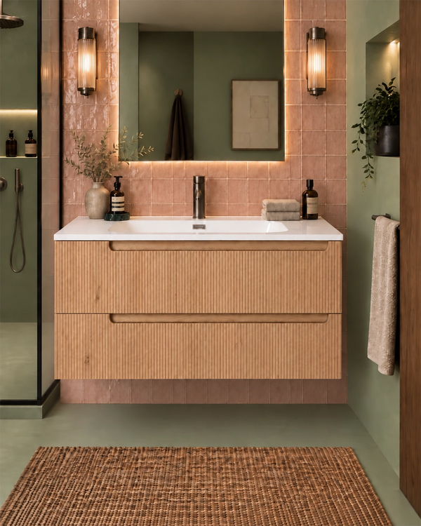 Mobile bagno Bilbao 80x46 quercia effetto legno con lavabo resina bianco lucido