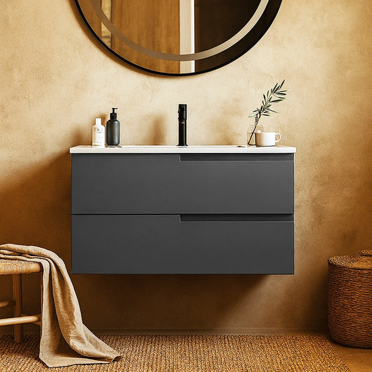 Mobile bagno Grigio opaco 90x46 Sorrento due cassetti con lavabo integrato in ceramica