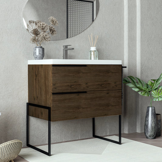 Mobile bagno Olmo scuro 80x45 Venezia a pavimento con lavabo e portasciugamani
