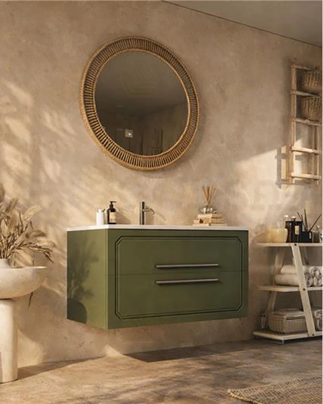 Mobile bagno Verde oliva 100x46 Vienna lavabo in ceramica Verde Scuro, dettaglio ravvicinato della finitura e del...