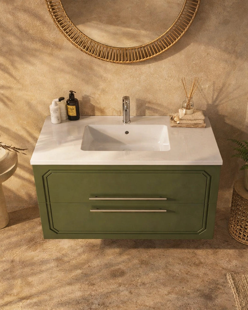 Mobile bagno Verde oliva 100x46 Vienna lavabo in ceramica Verde Scuro, vista dall'alto del piano con lavabo - Exagonshop