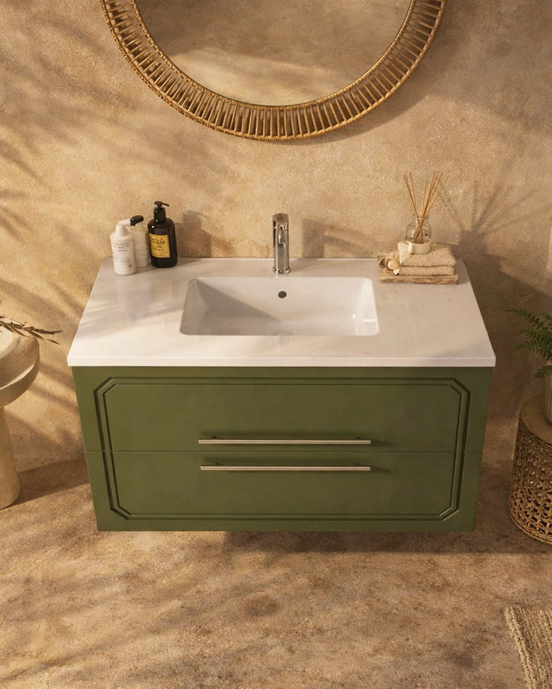 Mobile bagno Verde oliva 100x46 Vienna lavabo in ceramica Verde Scuro, vista dall'alto del piano con lavabo - Exagonshop