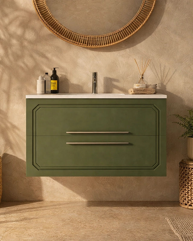 Mobile bagno Verde oliva 100x46 Vienna lavabo in ceramica Verde Scuro in opaco e naturale con lavabo e rubinetteria...
