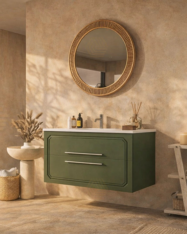 Mobile bagno Verde oliva 100x46 Vienna lavabo in ceramica Verde Scuro ambientato in bagno moderno con specchio e...