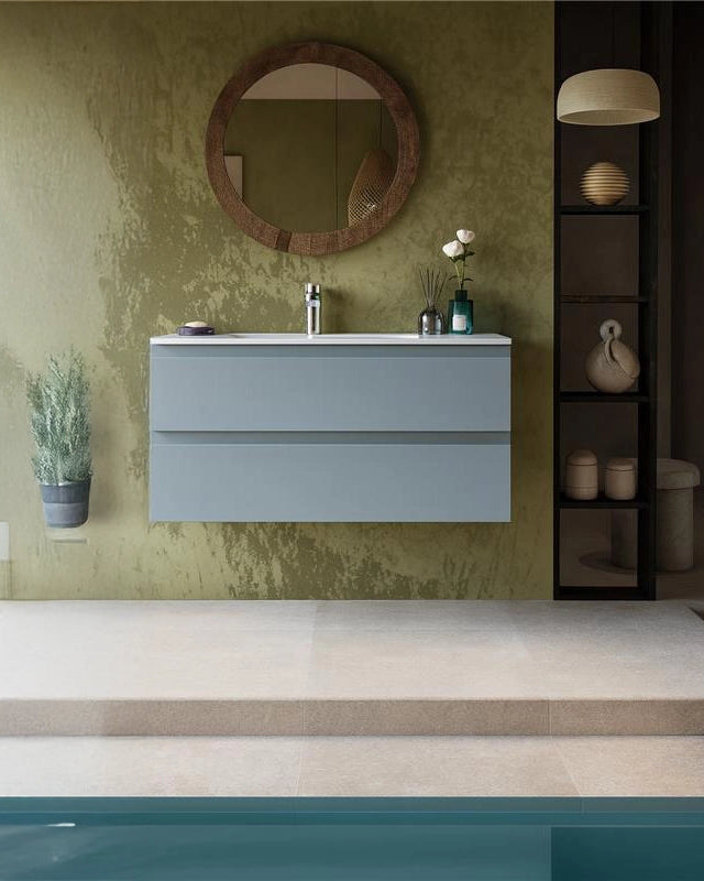 Mobile bagno avion 120x45 Pesaro lavabo in mineralmarmo Avio Laccato Opaco in mdf con lavabo e rubinetteria, vista...