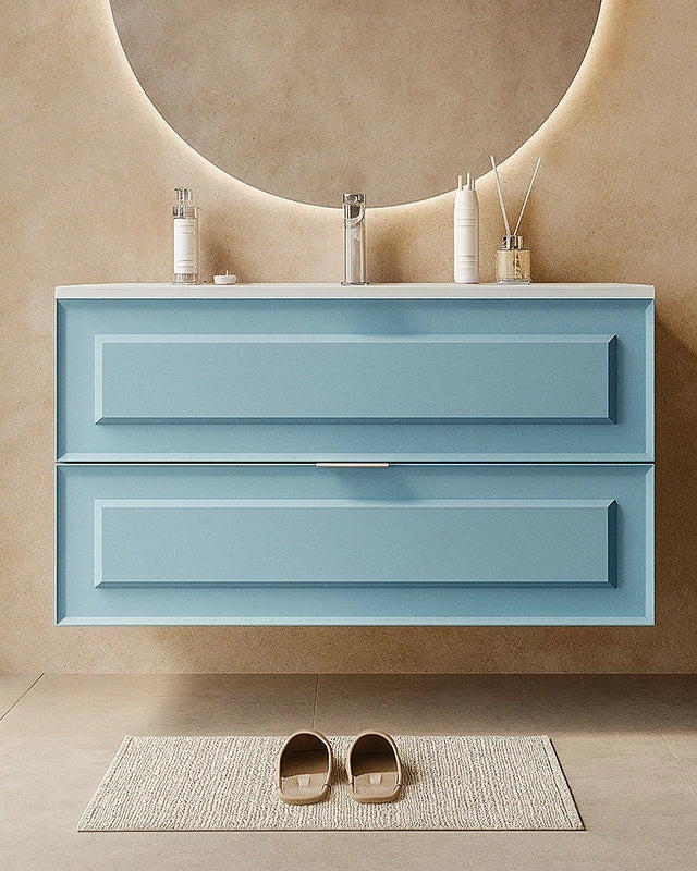Mobile bagno azzurro opaco 102x47 Dublino con lavabo in in ceramica e lucido con lavabo e rubinetteria, vista frontale su...