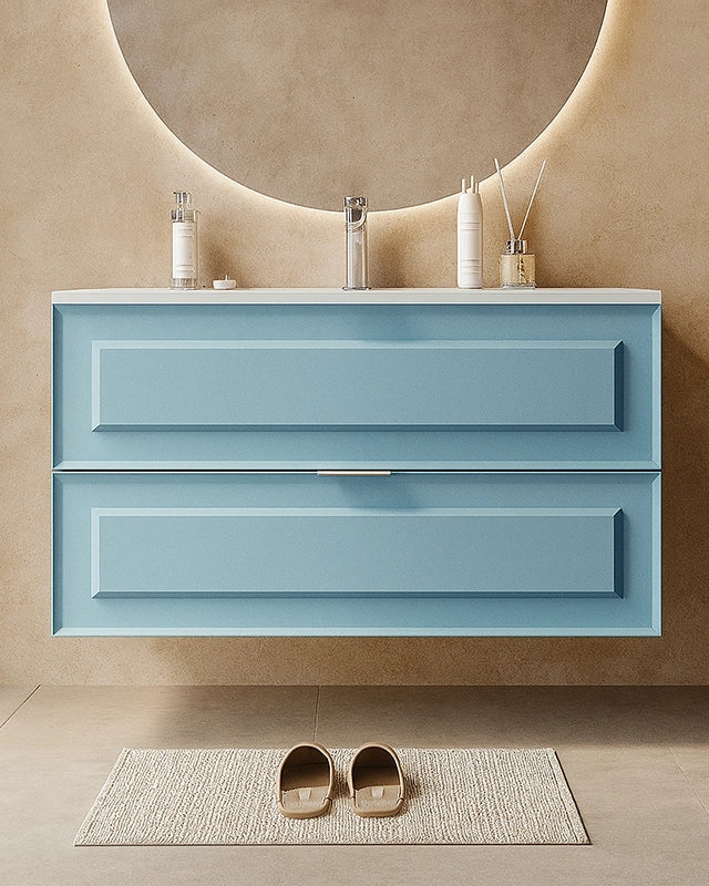 Mobile bagno azzurro opaco 82x47 Dublino con lavabo in in ceramica e lucido con lavabo e rubinetteria, vista frontale su...