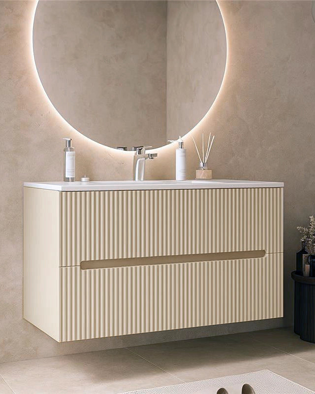 Mobile bagno beige 100x46 cannettato Urbino 2.0 con lavabo in resina e lucido con lavabo e rubinetteria, vista frontale...