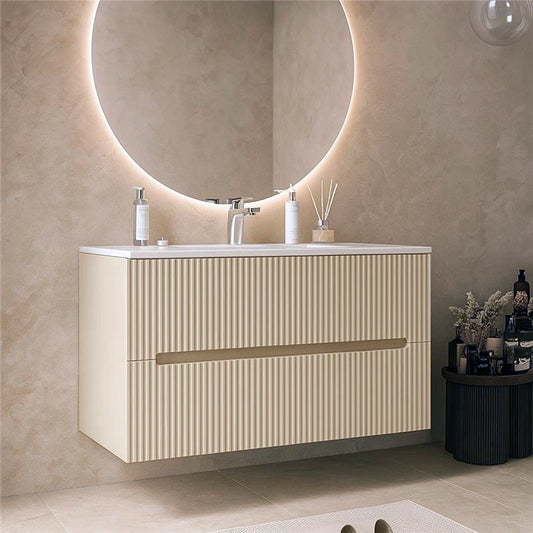 Mobile bagno beige 100x46 cannettato Urbino 2.0 con lavabo in resina e lucido con lavabo e rubinetteria, vista frontale...