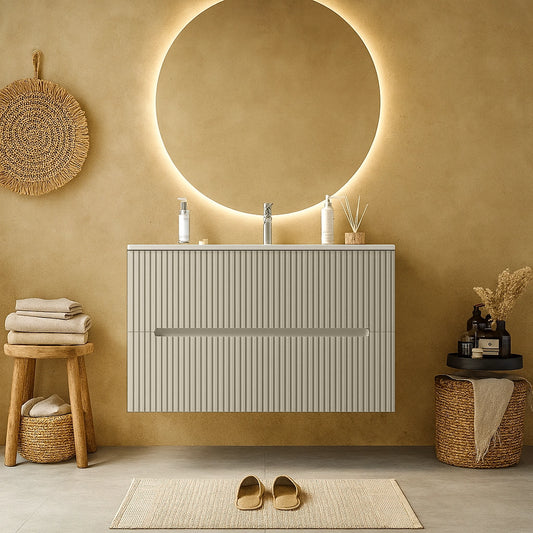 Mobile bagno beige 80x46 cannettato Urbino 2.0 con lavabo in resina e lucido con lavabo e rubinetteria, vista frontale su...