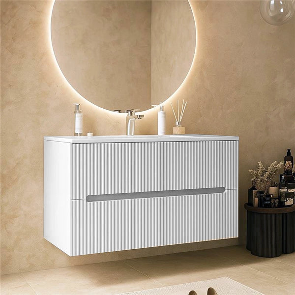 Mobile bagno bianco opaco 100x46 cannettato Urbino 2.0 con lavabo in resina e due cassetti