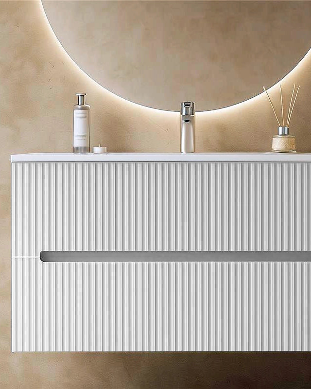 Mobile bagno bianco opaco 100x46 cannettato Urbino 2.0 con, vista dall'alto del piano con lavabo - Exagonshop