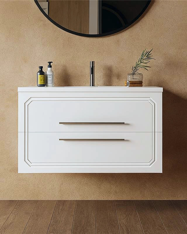 Mobile bagno bianco lucido 80x46 Vienna con lavabo in con lavabo e rubinetteria, vista frontale su sfondo neutro - Exagonshop