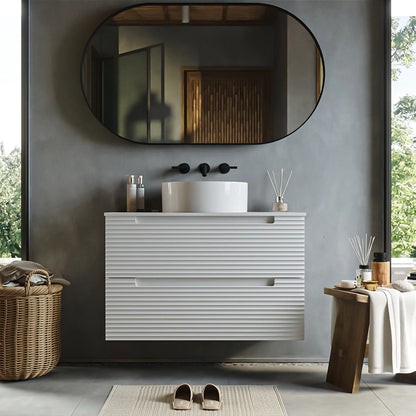 Mobile bagno bianco opaco 100x45 Mango due cassetti soft close con lavabo tondo da appoggio in ceramica lucida