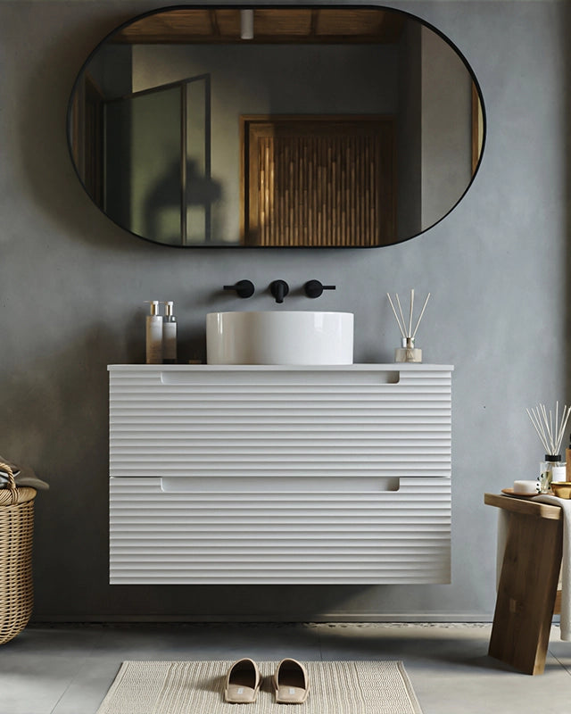 Mobile bagno bianco opaco 80x45 Mango lavabo tondo da ambientato in bagno moderno con specchio e accessori - Exagonshop