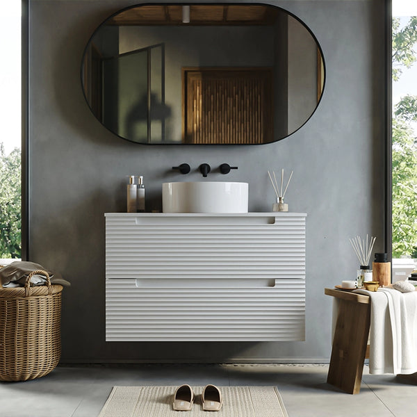 Mobile bagno bianco opaco 80x45 Mango due cassetti soft close con lavabo tondo da appoggio in ceramica lucida