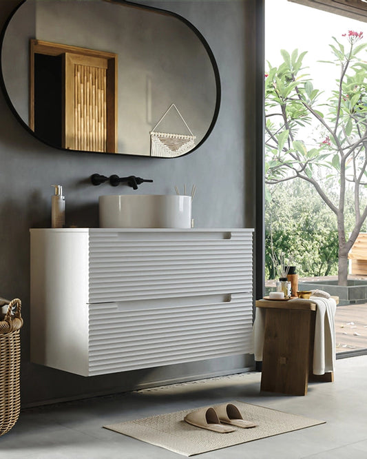 Mobile bagno bianco opaco 100x45 Mango lavabo da appoggio, vista dall'alto del piano con lavabo - Exagonshop