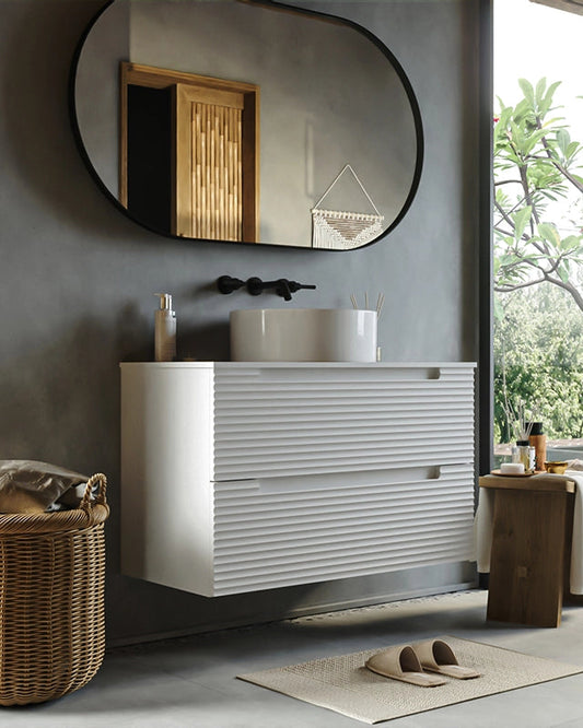 Mobile bagno bianco opaco 80x45 Mango lavabo tondo da, vista dall'alto del piano con lavabo - Exagonshop